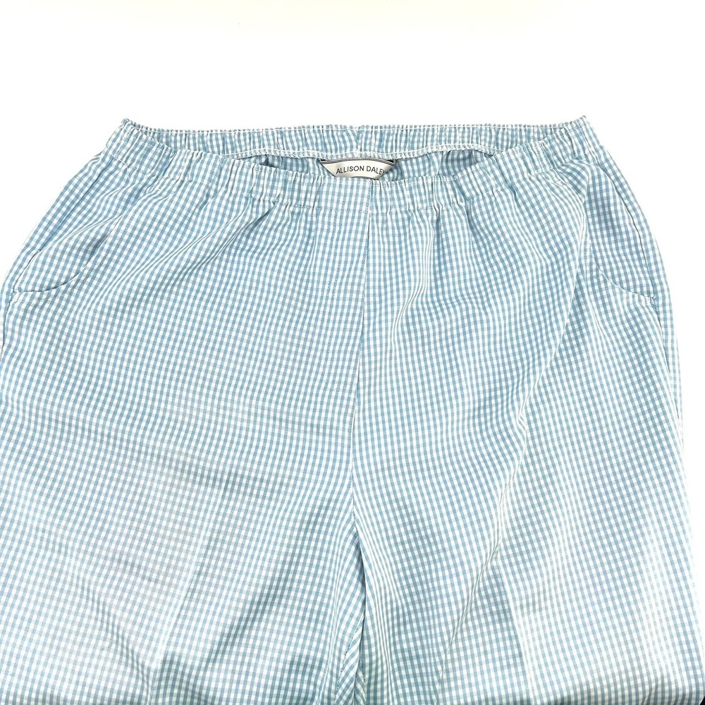 Allison Daley Blue White Gingham Check Elastic Waist Capri Pants Womens Pockets